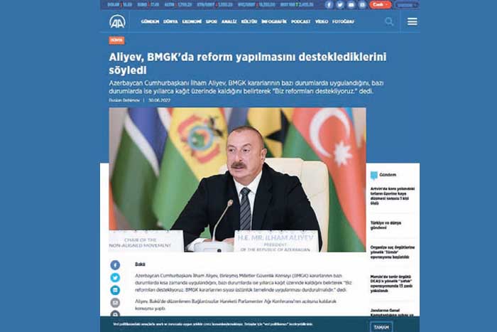 Anadolu Agentliyi: Azərbaycan Prezidenti BMT Təhlükəsizlik Şurasında islahatların aparılmasını dəstəklədiklərini bildirdi